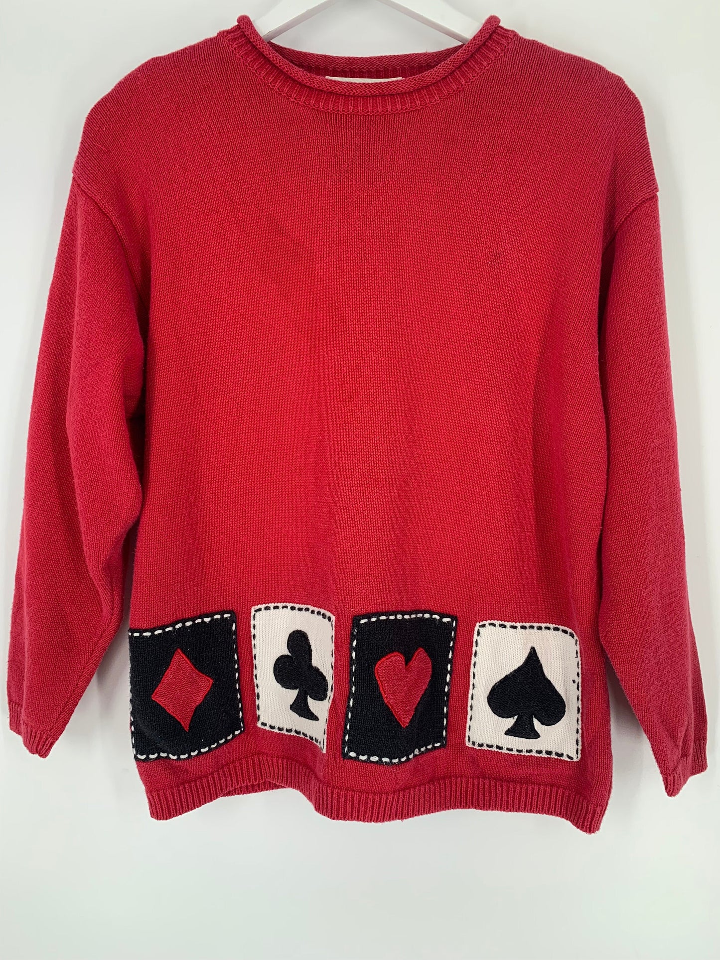 80's Vintage Playing Cards Embroidered Sweater With Shoulder Pads By Marisa Christina / Size L / Please See Item Measurements & Description