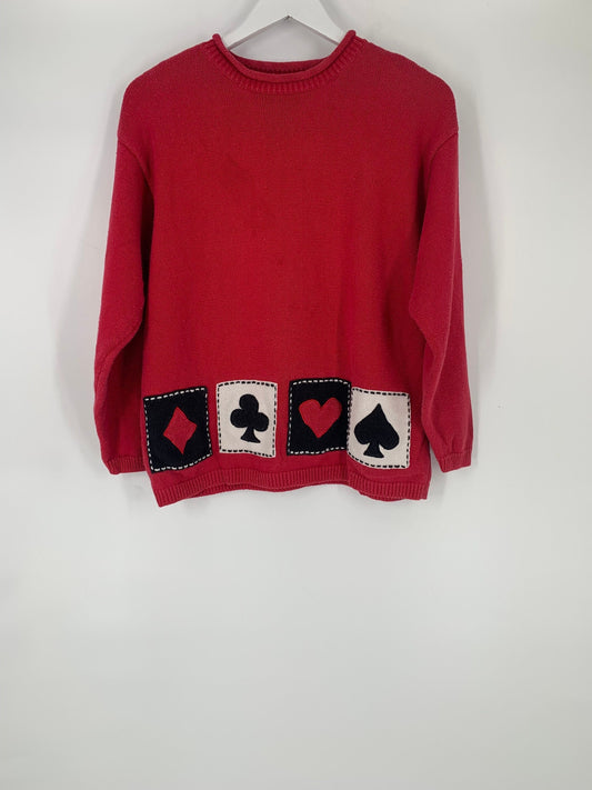 80's Vintage Playing Cards Embroidered Sweater With Shoulder Pads By Marisa Christina / Size L / Please See Item Measurements & Description