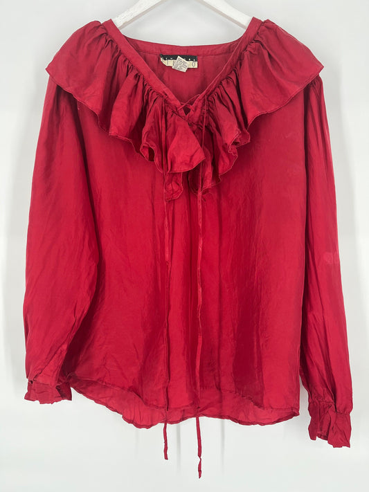 Vintage 100% Silk Red Ruffle Peasant Style Shirt by New York Studio \ Size S \ See Item Description for Measurements and Details