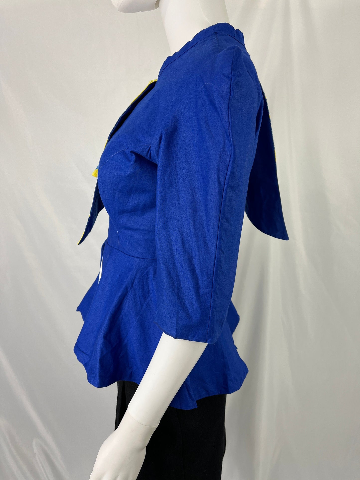 Homemade Blue Blouse With Patterned Sleeve Detail / Size Measures Small / View Description For Measurements And Condition Details