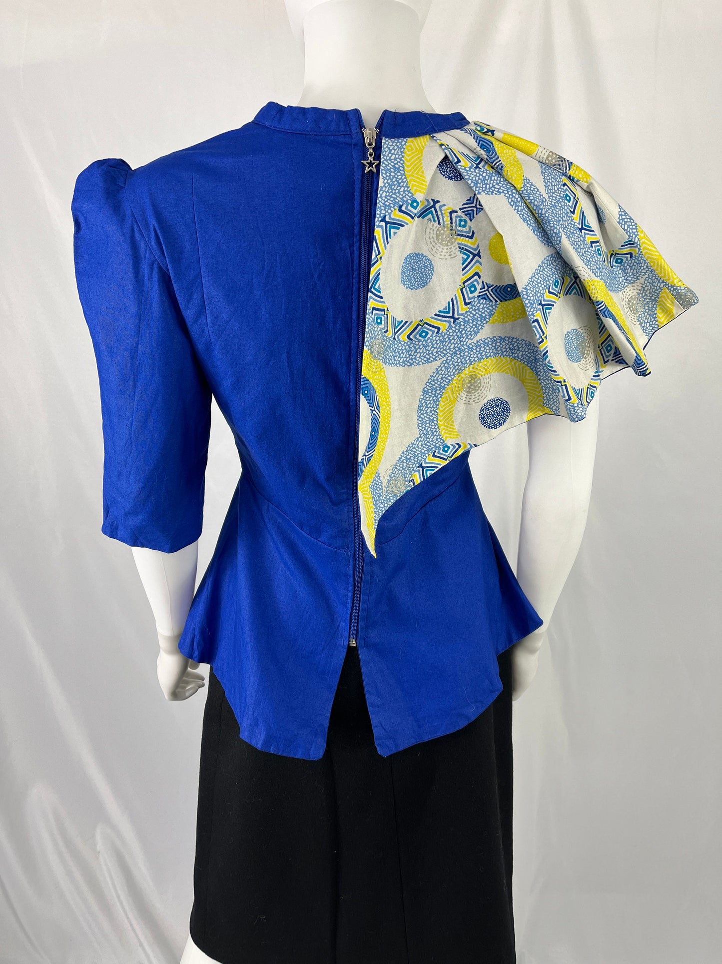 Homemade Blue Blouse With Patterned Sleeve Detail / Size Measures Small / View Description For Measurements And Condition Details