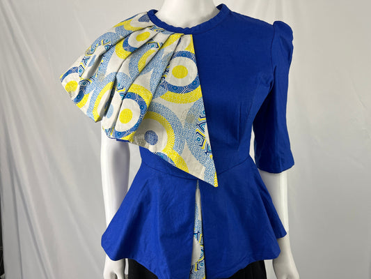 Homemade Blue Blouse With Patterned Sleeve Detail / Size Measures Small / View Description For Measurements And Condition Details