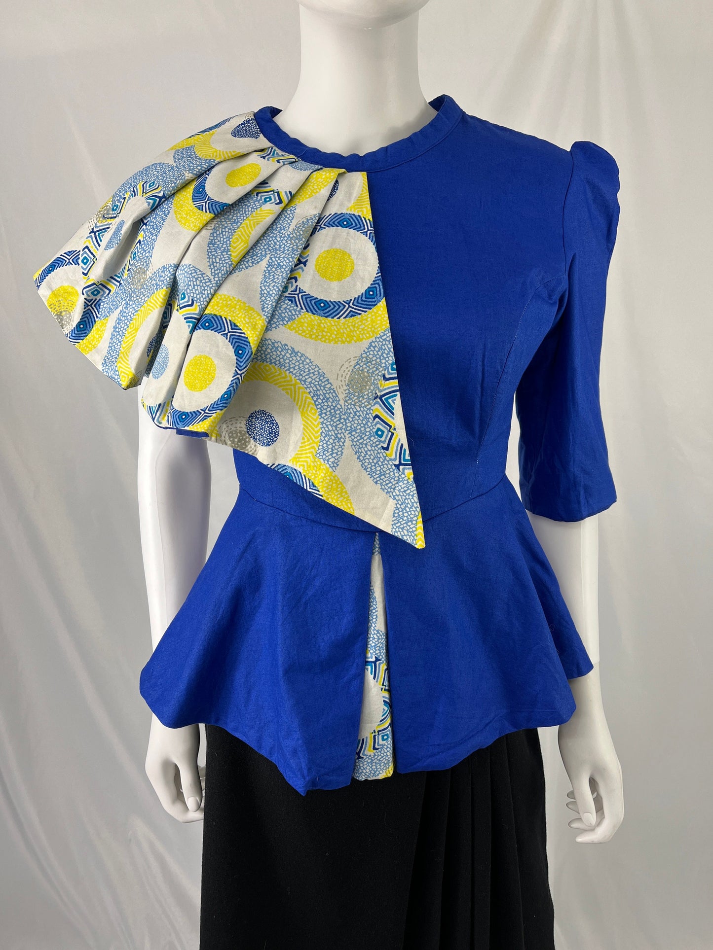 Homemade Blue Blouse With Patterned Sleeve Detail / Size Measures Small / View Description For Measurements And Condition Details