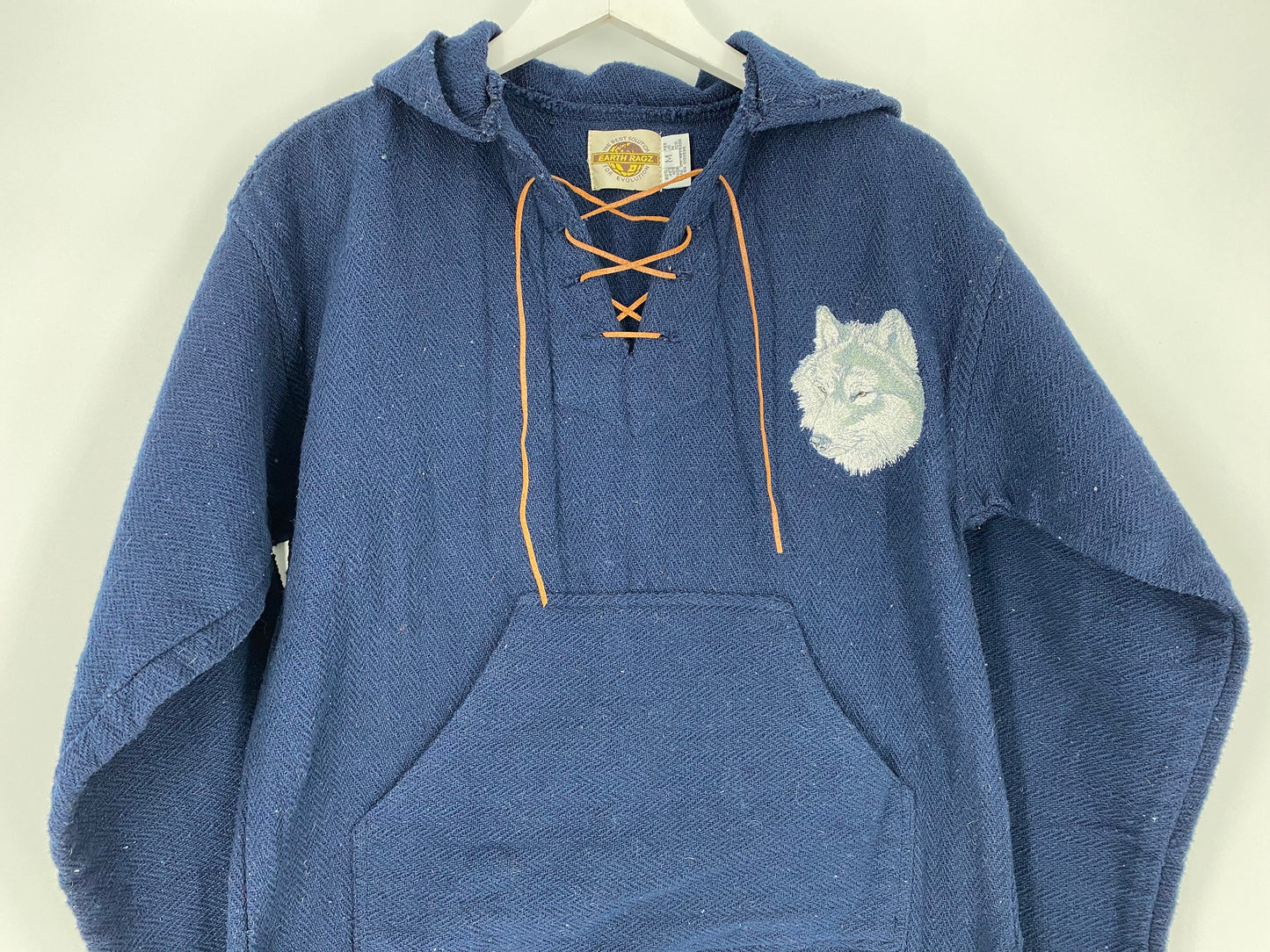 Blue Baja Hoodie With Embroidered Wolf Head And Leather Tie By Earth Ragz \ Size M \ PLEASE See Item Description And Measurements