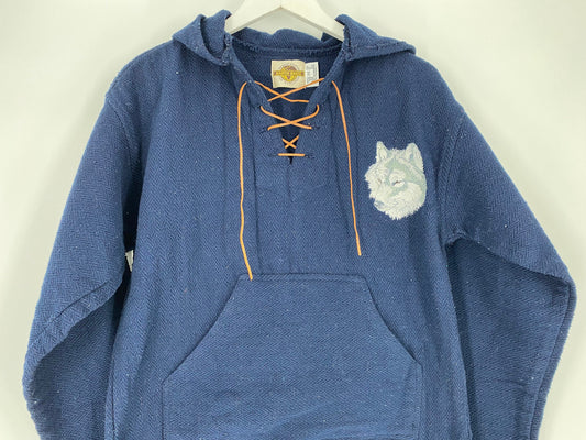 Blue Baja Hoodie With Embroidered Wolf Head And Leather Tie By Earth Ragz \ Size M \ PLEASE See Item Description And Measurements